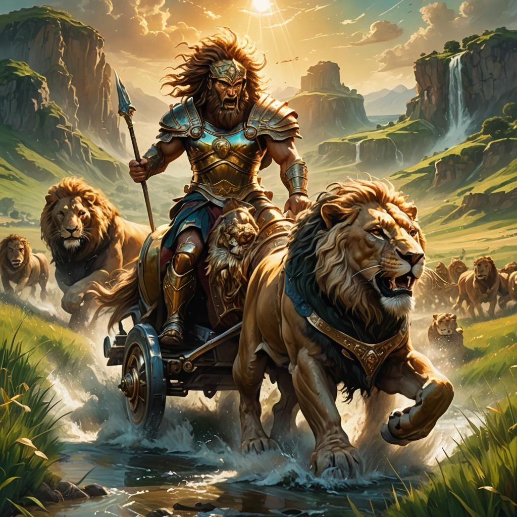 Spartan Warrior Rides Lion-Pulled Chariot in Oil Painting
