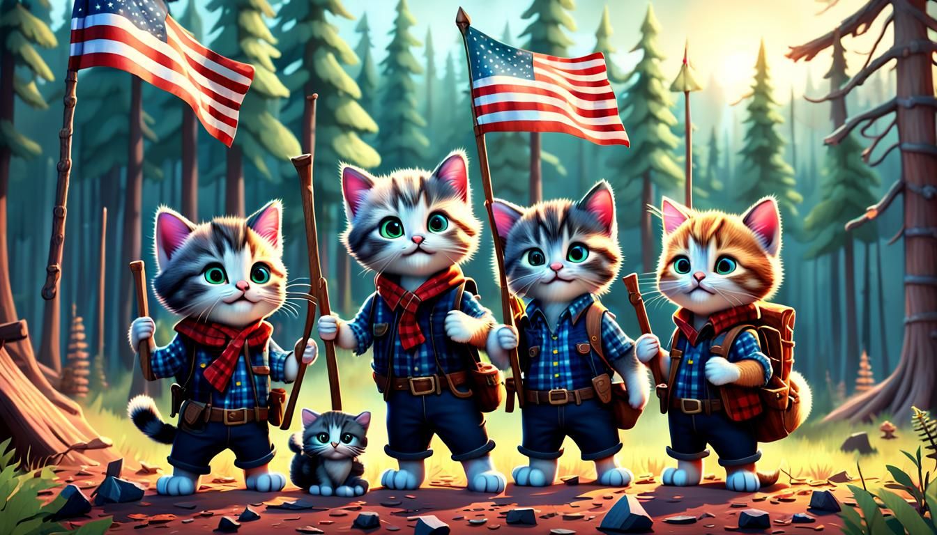 Lumberjack Kittens in a Forest: 3D Digital Art
