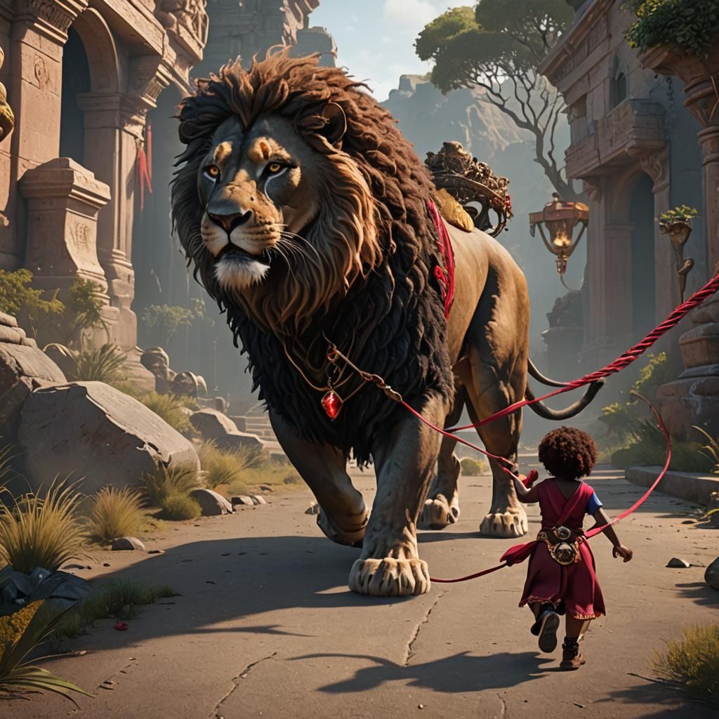 Girl Walking Lion: Detailed Fantasy Concept Art