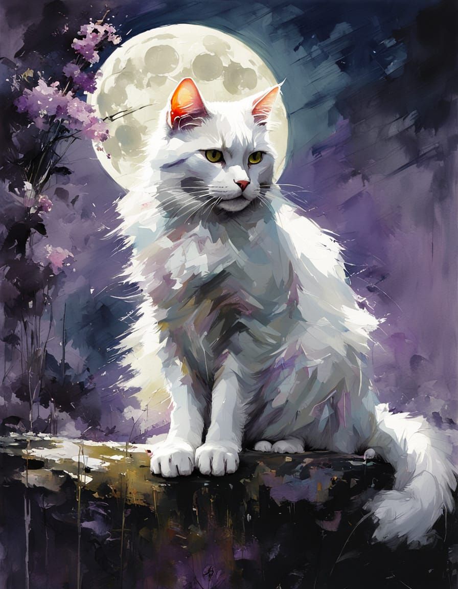 Surreal Watercolor of a White Cat in a Dramatic Moonlit Scen...