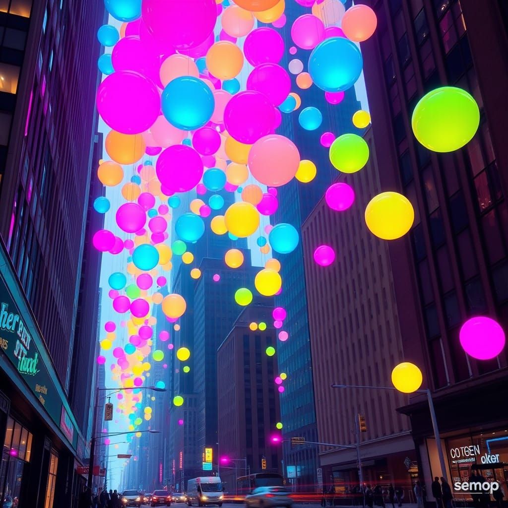 Glowing Bouncy Balls Cascade Over City in Vibrant, Electric....