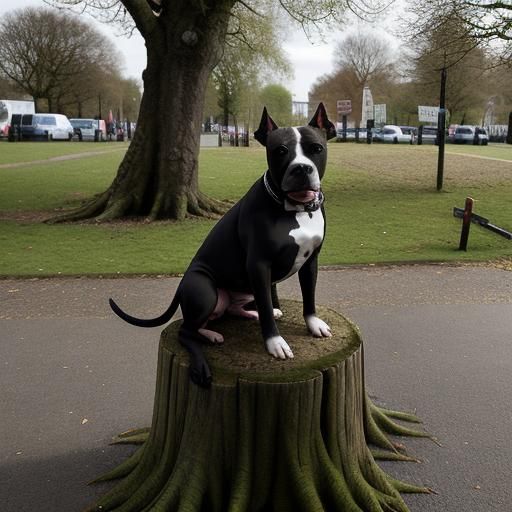 Wilma the Pitbull poses on a tree stump outside a polling st...