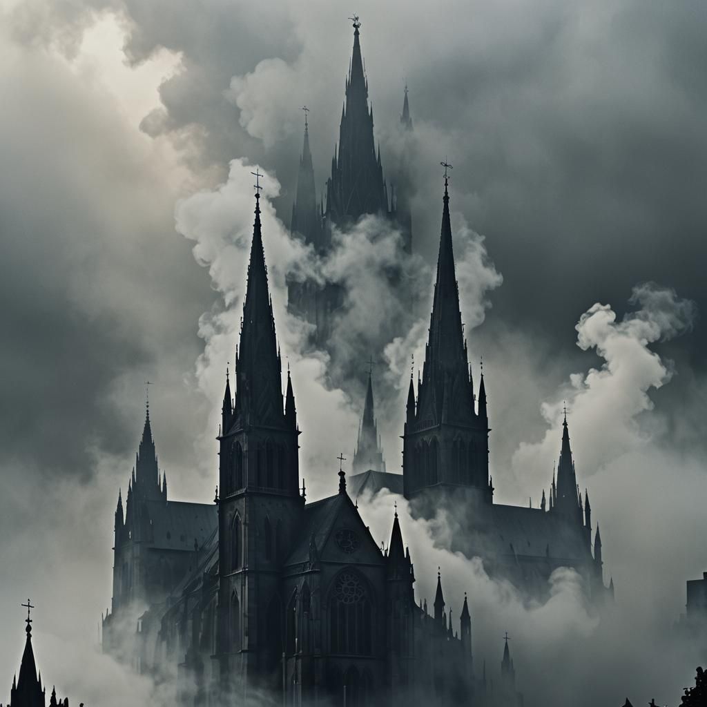 Eerie Gothic Cathedral with Swirling Fog in Dark Fantasy Art