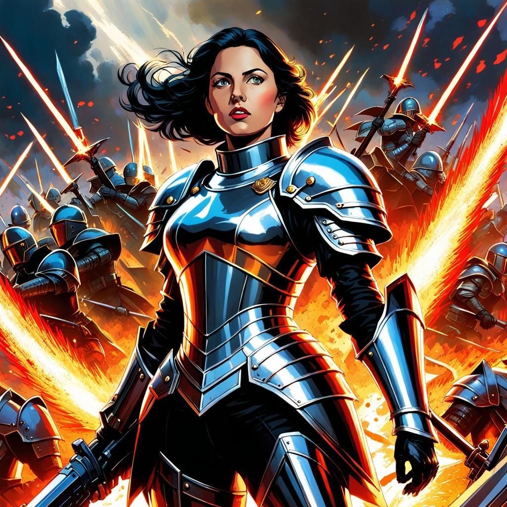 Futuristic Joan of Arc Leading Charge in Cyberpunk Style