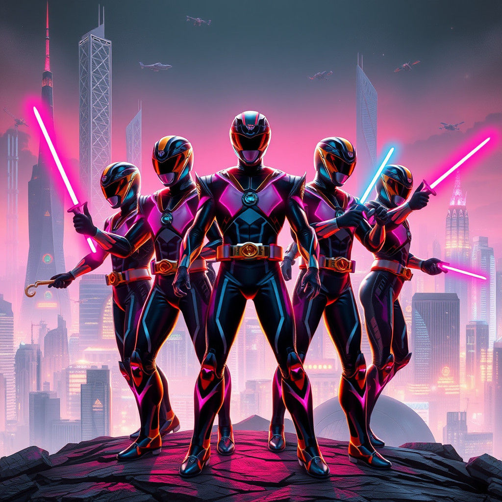 Cyberpunk Power Ranger Team Defending Neon Metropolis