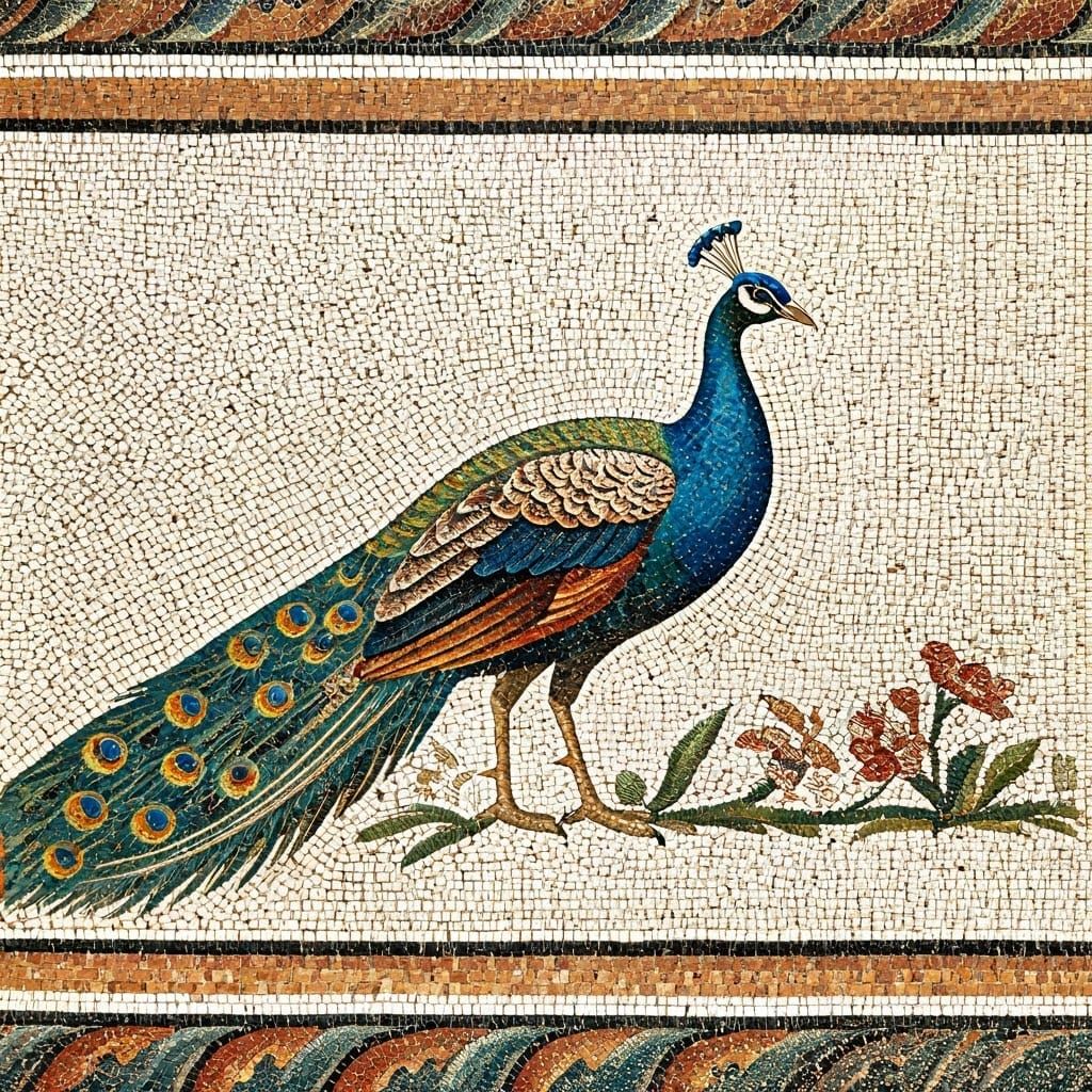 Elegant Peacock Mosaic in Ancient Roman Style
