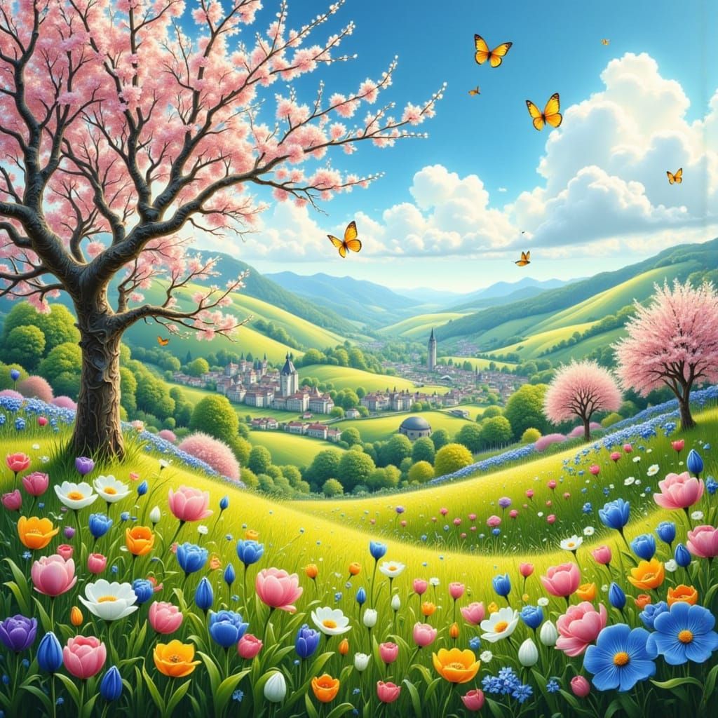 Surreal Springtime Village in Vibrant Pastel Colors