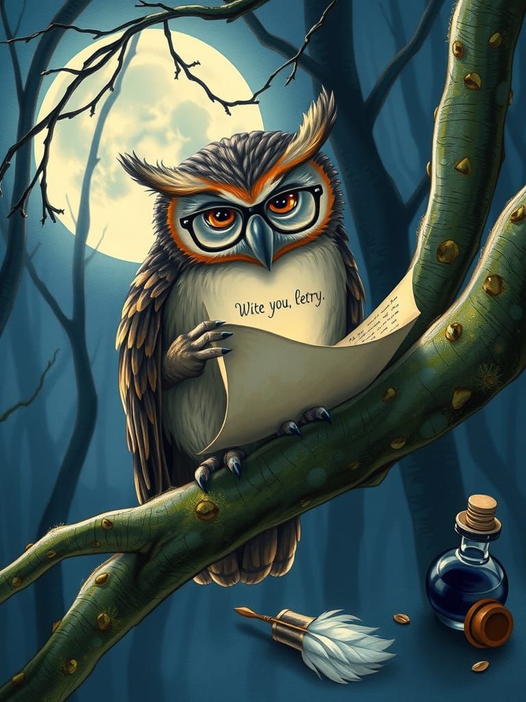 Wise Owl Writes Poetry in Moonlit Forest Storybook Style