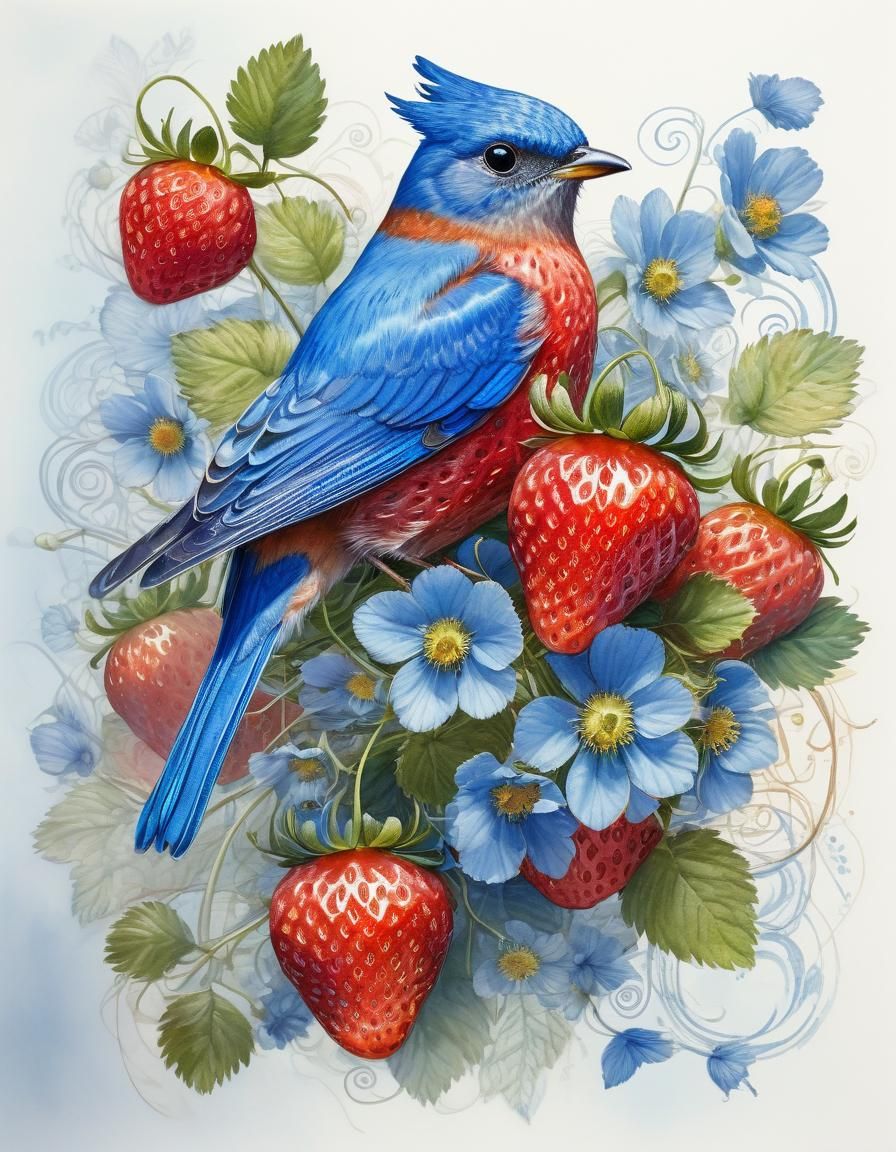 Bluebird Holding Strawberry Bouquet in Watercolor Style