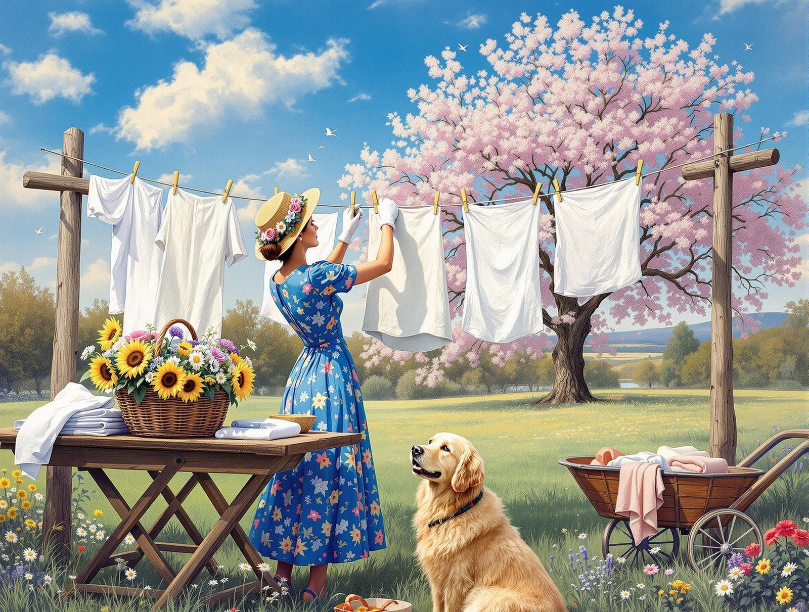 Woman Hangs Laundry in Idyllic Pastoral Setting