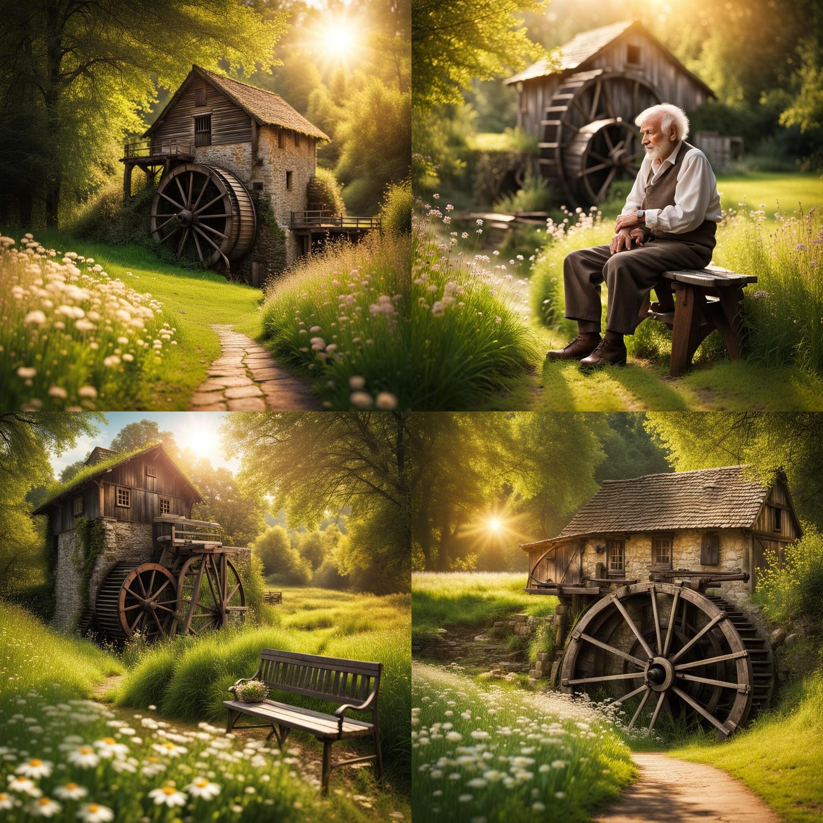 Picturesque Old Water Mill with Miller in Sunlight