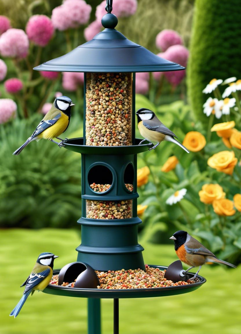 A very british bird feeder in a pretty garden