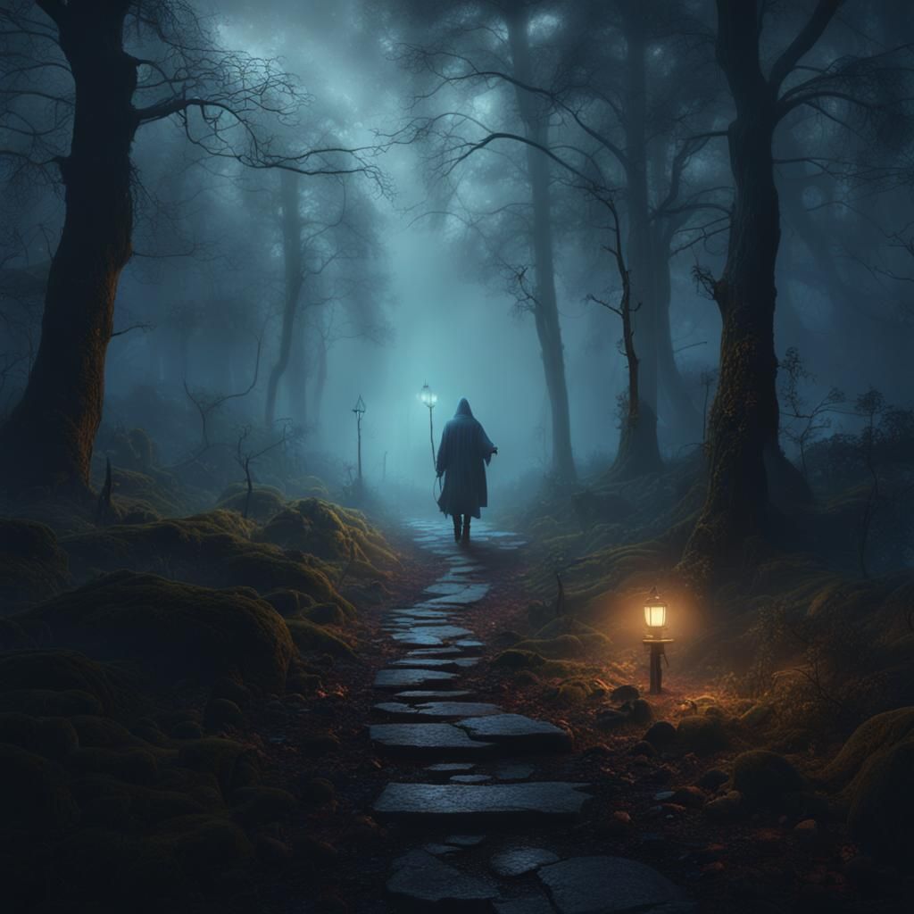 Ethereal Figure on Foggy Forest Path