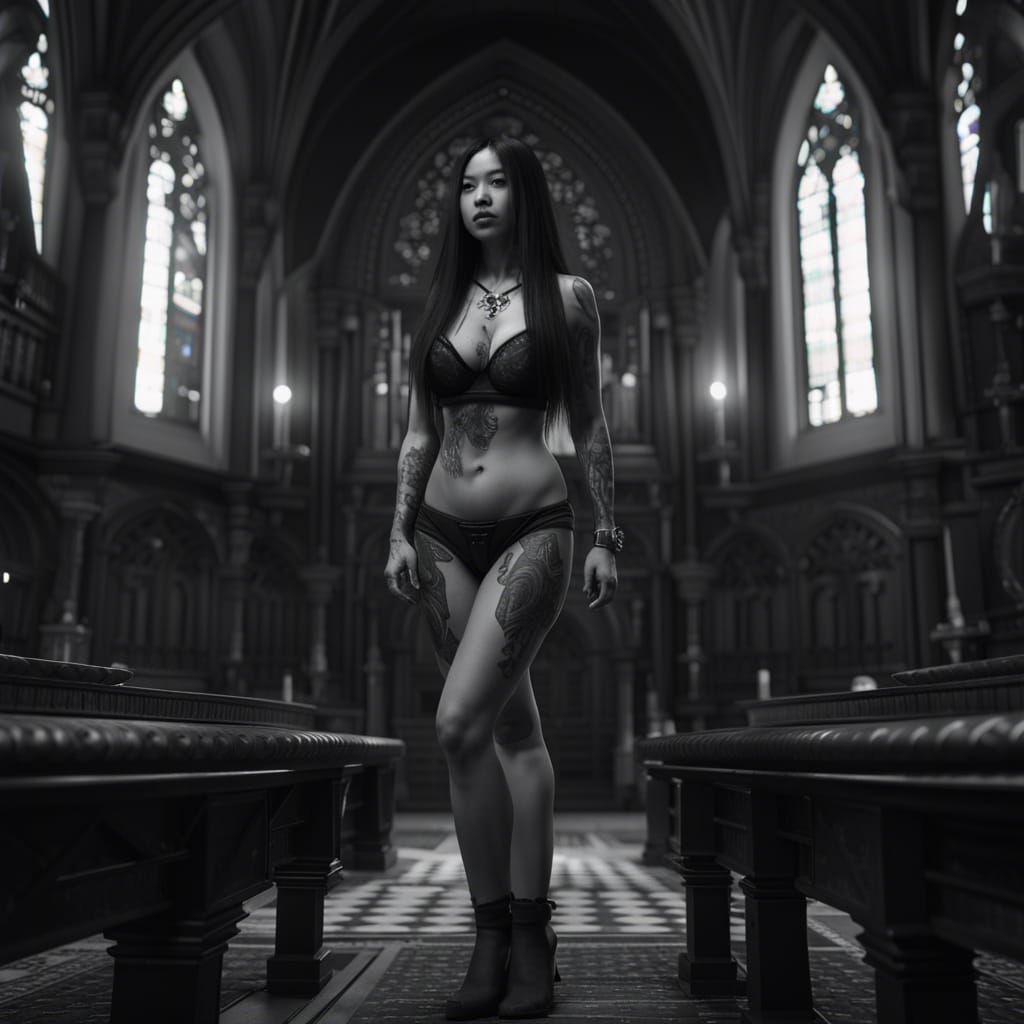 Gothic Asian Girl in Chapel: Hyperrealistic 8K