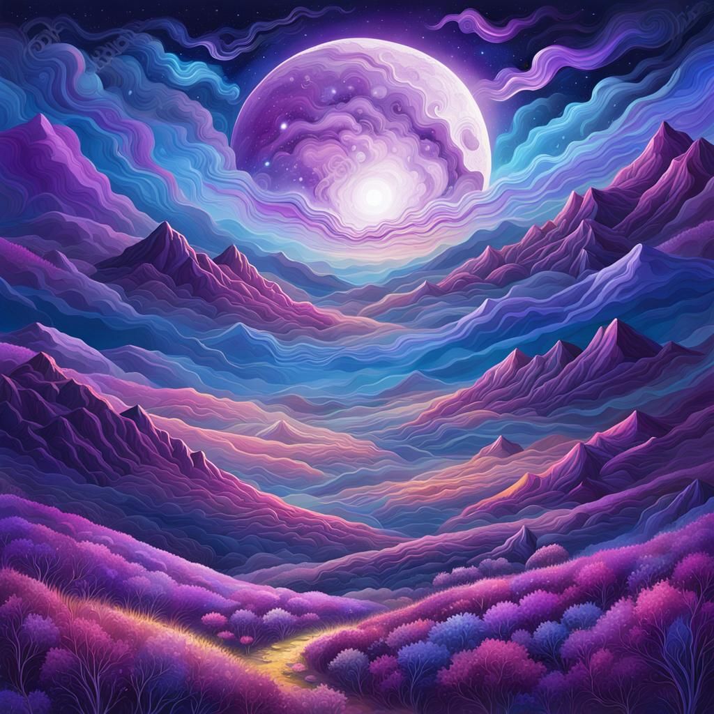 Moonlit Valley in Vibrant Mixed Media Style