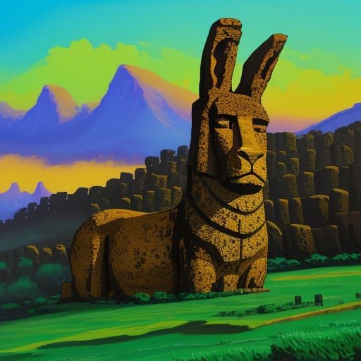 Giant Bunny Statues on Easter Island in Gouache Style