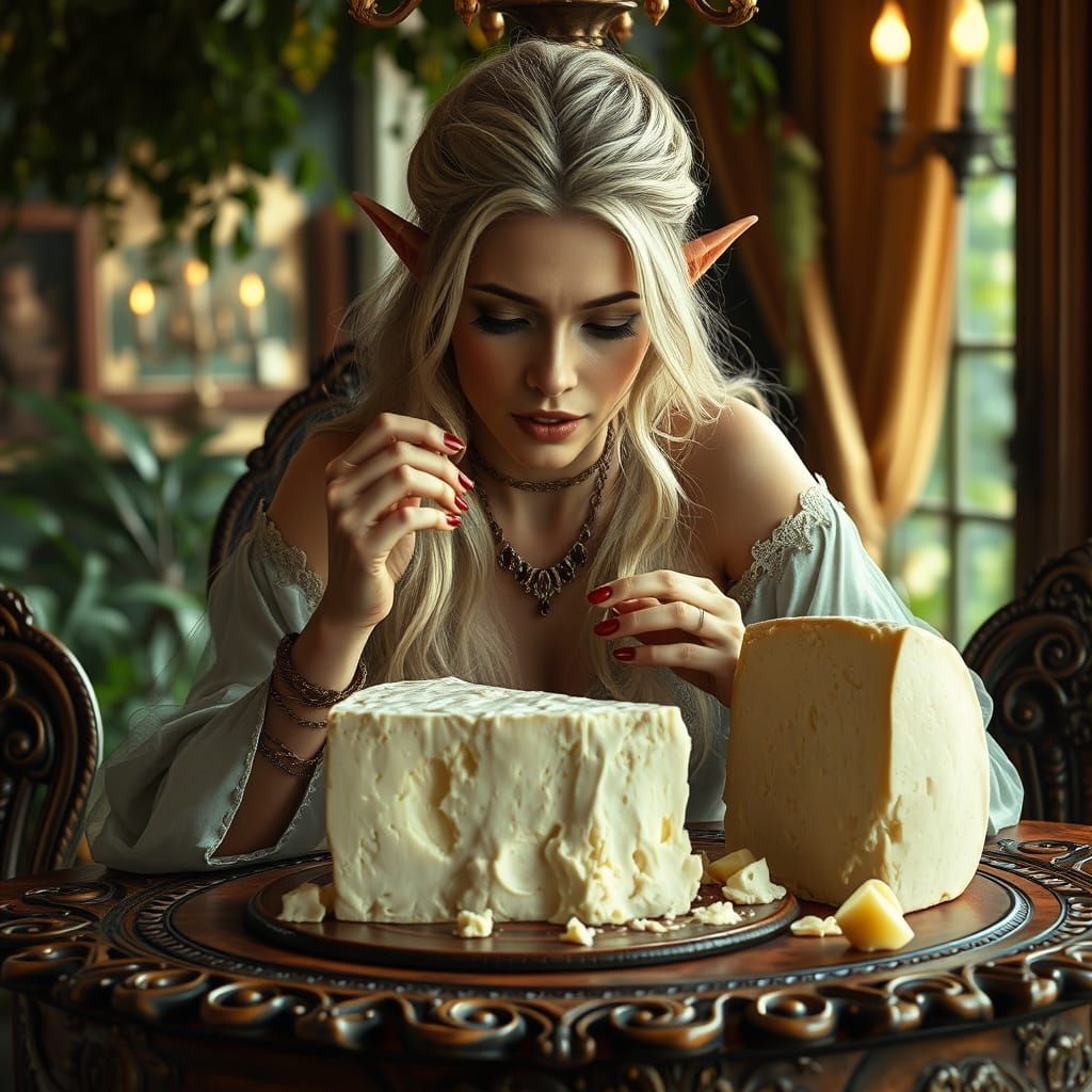 Ethereal Goddess Indulges in Greek Feta amidst Whimsical Nat...