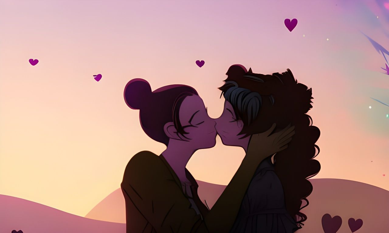Lesbian Couple Silhouetted Kissing at Sunset with Fireworks