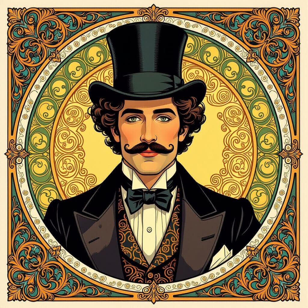 Debonair Man in Top Hat, Art Nouveau Style