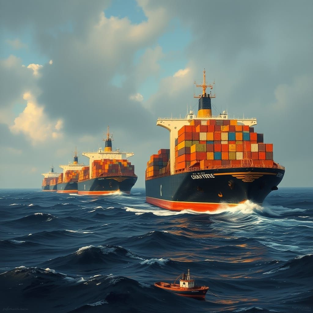 Cargo Ships at Sea in Maritime Realism Style