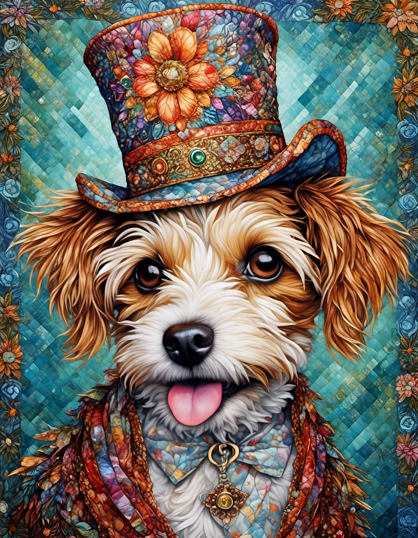 Quilted Dog Portrait with a Fancy Hat