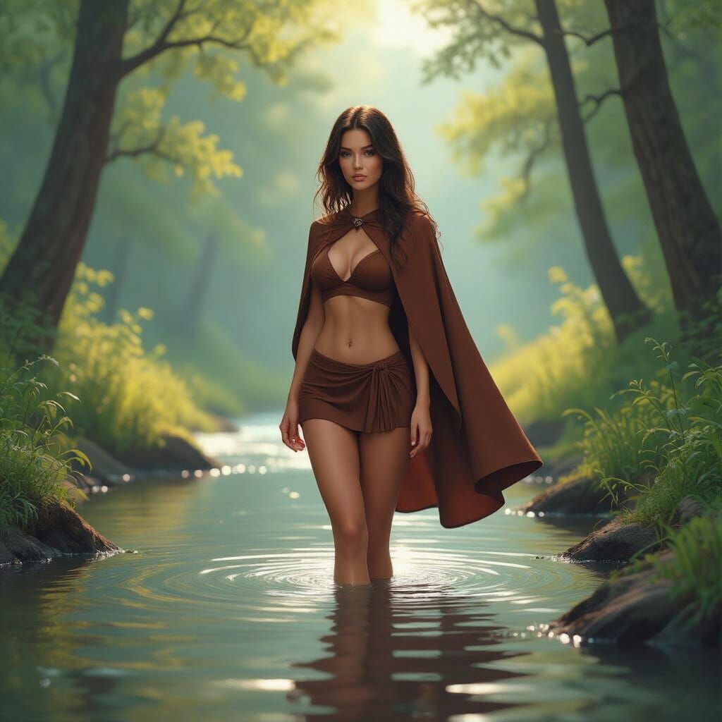 Woman in Brown Cape Bathing in Forest River