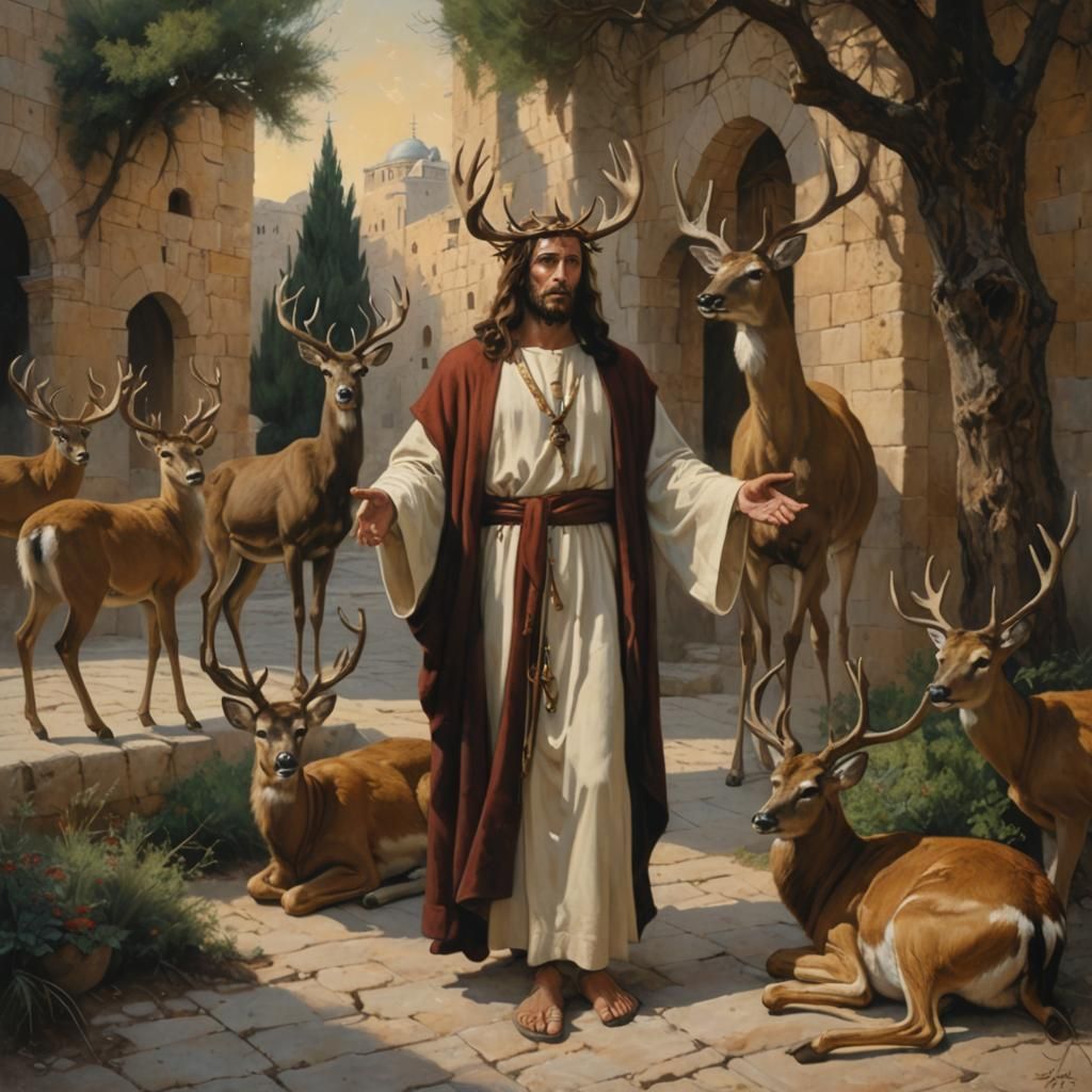 Jesus with Deer Antlers in Jerusalem Painting