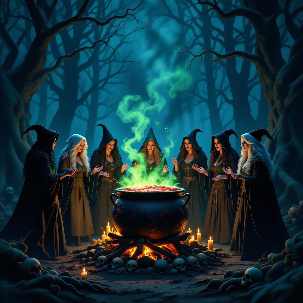 Witch Coven Ritual in Ancient Forest at Night