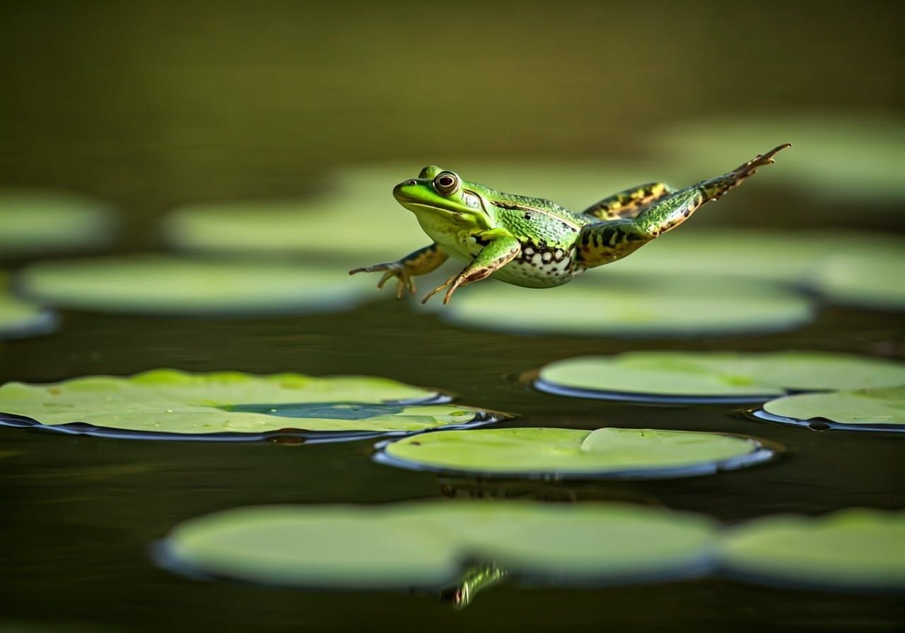 Green Frog Hops on Lily Pad Grid