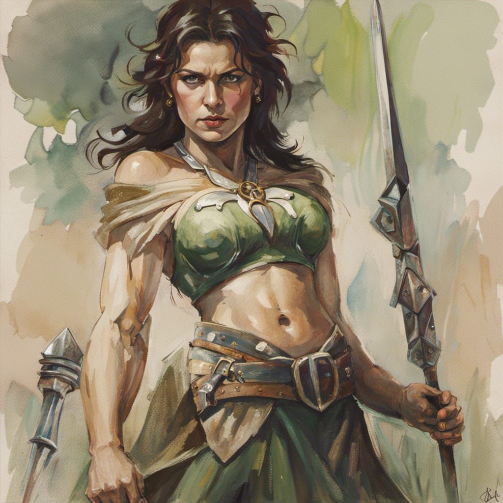 Orc Barbarian Woman in Watercolor Style