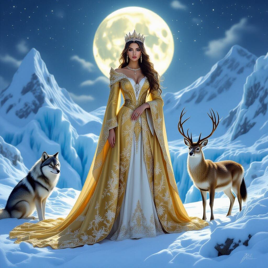 Regal Queen in Winter Glacial Scene with Wildlife