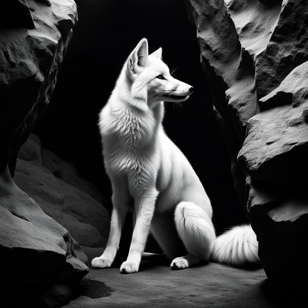 White Fox in Black Cave: Acrylic Masterpiece