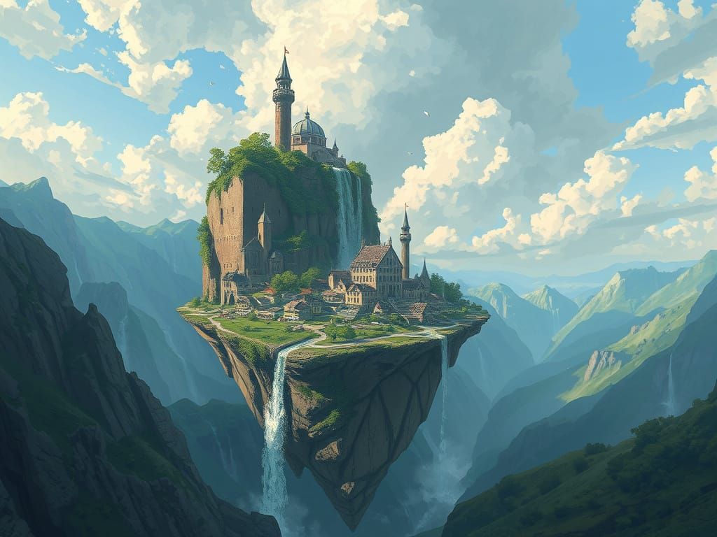 A Futuristic Waterfall Scene on a Floating Island in the Sty...