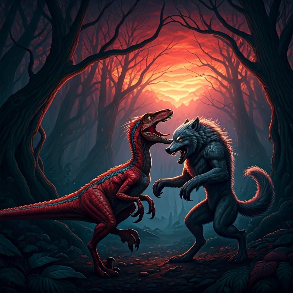 Red Velociraptor vs Grey Werewolf in Mystical Forest