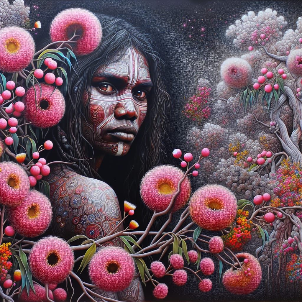 Aboriginal Woman with Gum Flowers Oil Painting