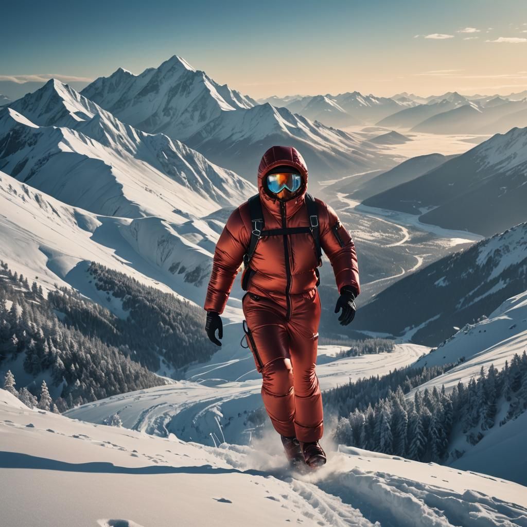 Red Puffy Suit in Snowy Mountains, Fantasy Art