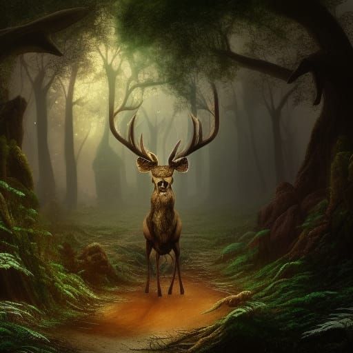 Skull Headed Deer God in Ancient Forest