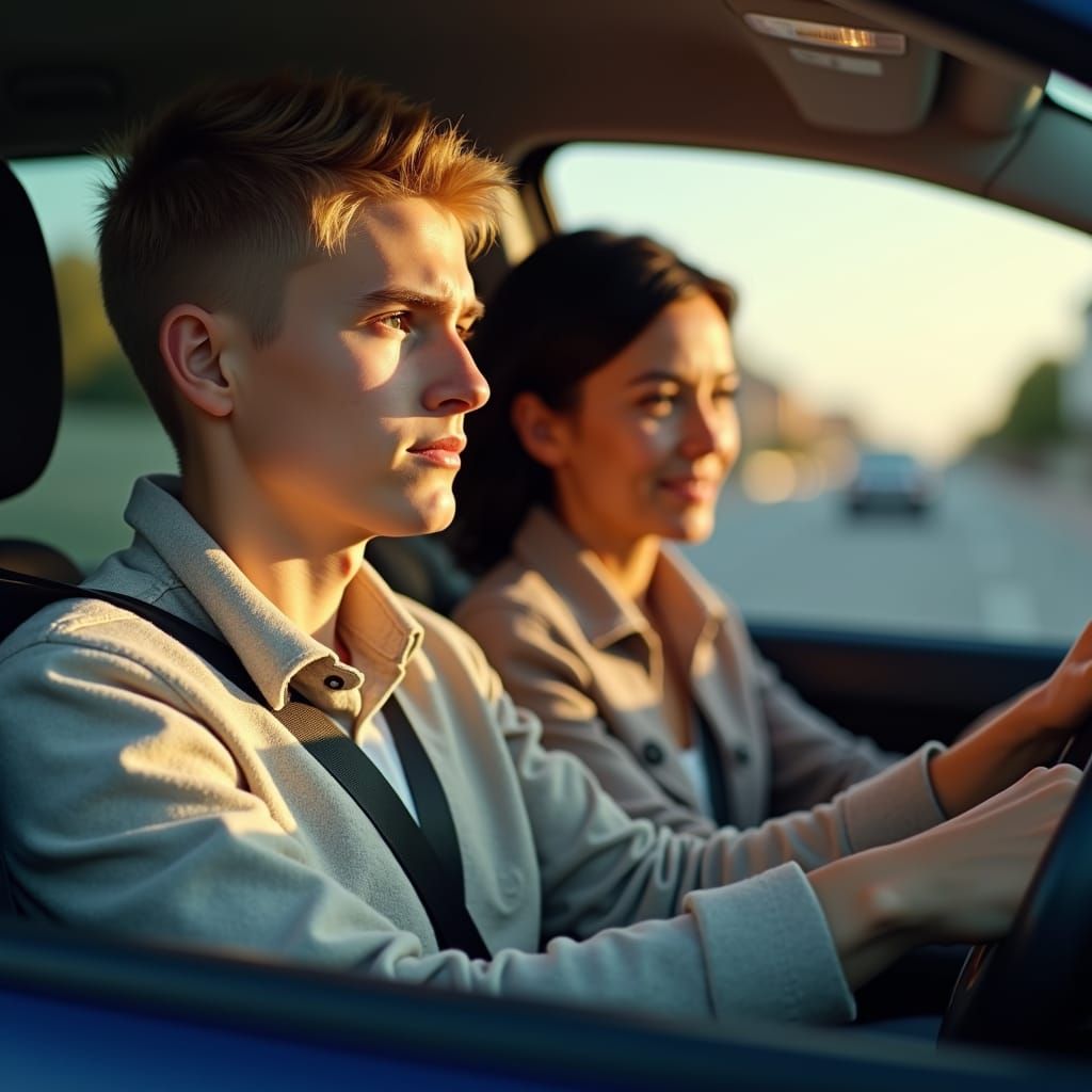 Driving Lesson: Boy and Mother in Car