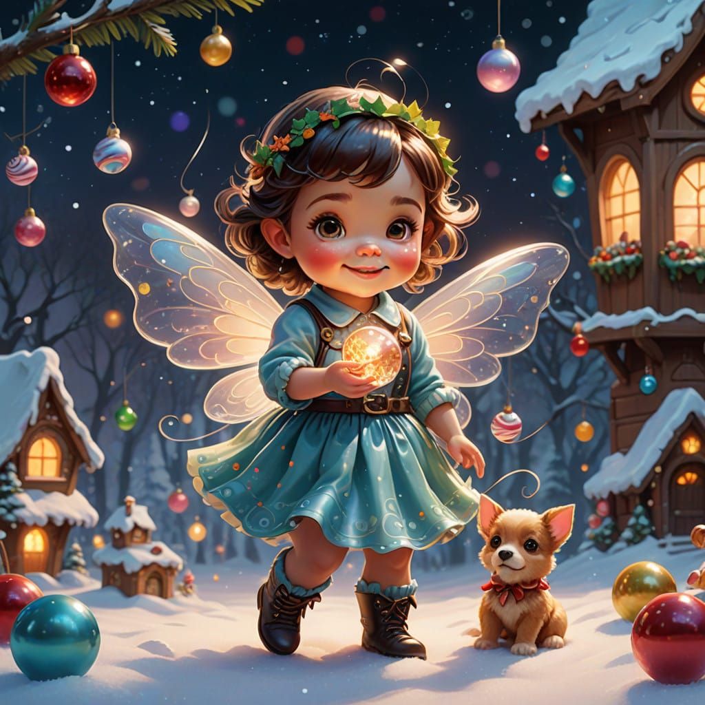 Whimsical Glass Fairy Plays with Fluffy Puppy in Magical Sno...
