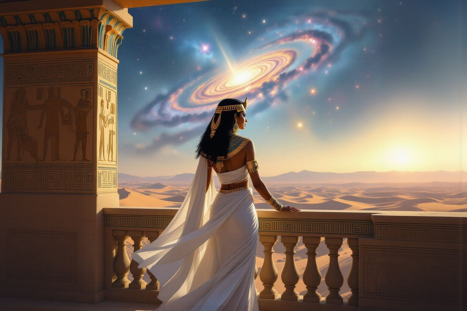 Elegant Egyptian Woman Gazing at Cosmic Sky