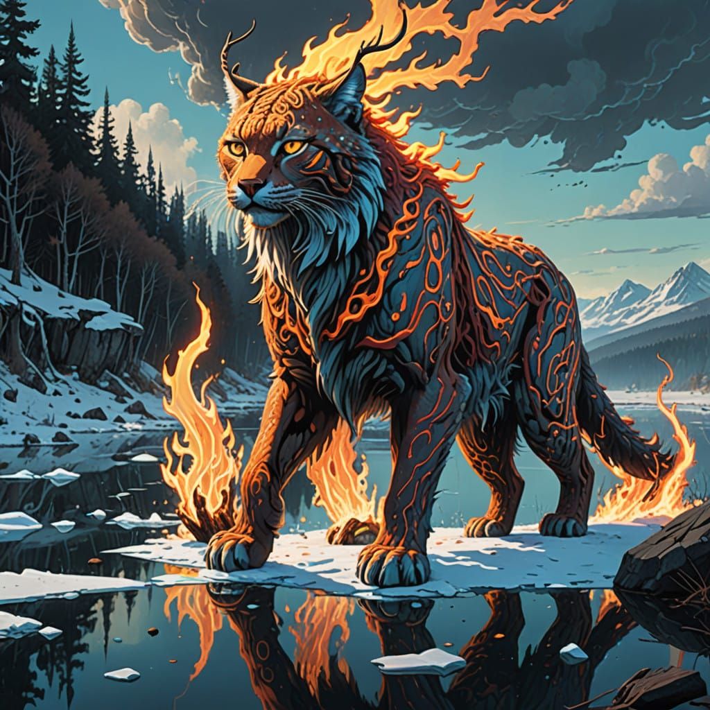 Crimson Fire Lynx Meets Icy Water Lynx in Ethereal Lake Enco...