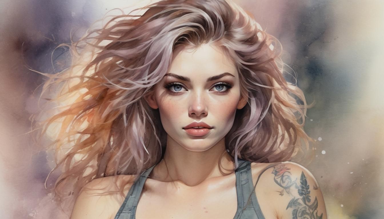 Watercolor Portrait of Tattooed Biker Woman