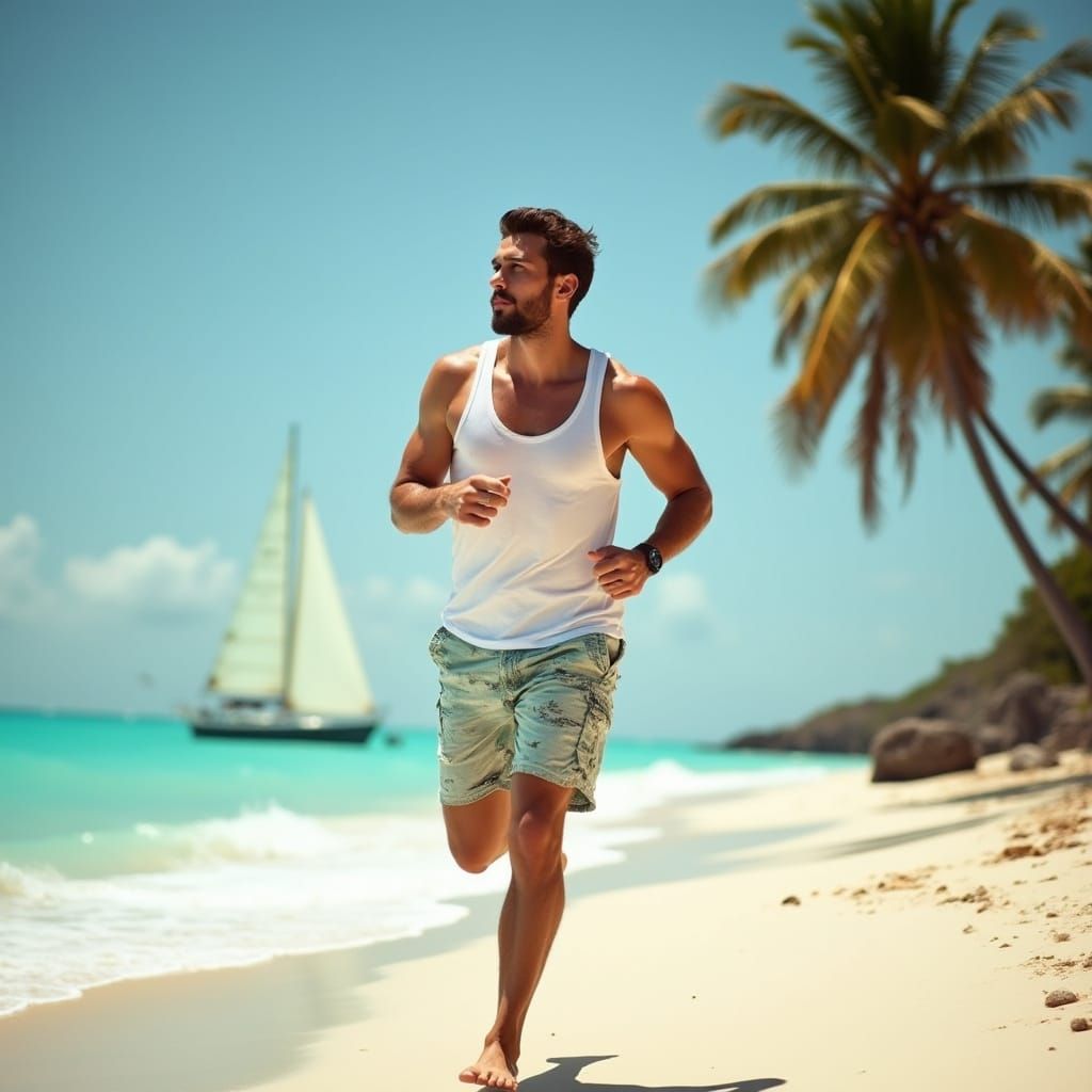 Man Running on Beach in Hyperrealistic Style