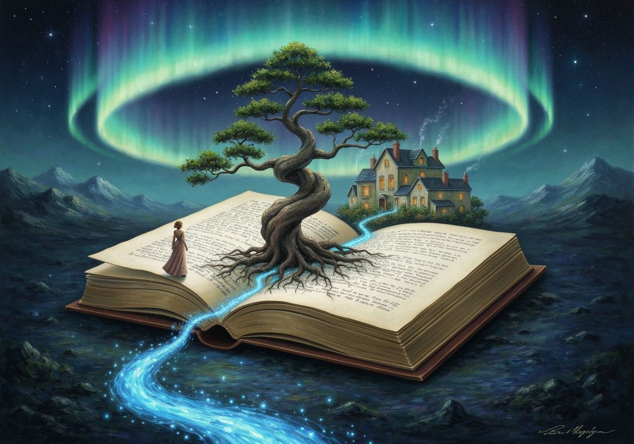 Enchanted Book With Bonsai Tree and Aurora, Impressionism