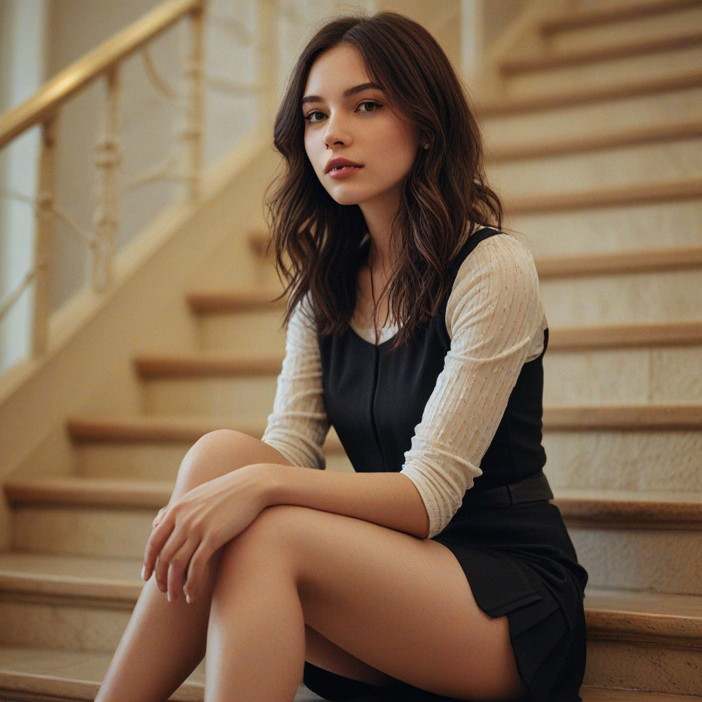 Low-Angle Portrait of Young Woman on Stairs in Luxurious Fil...