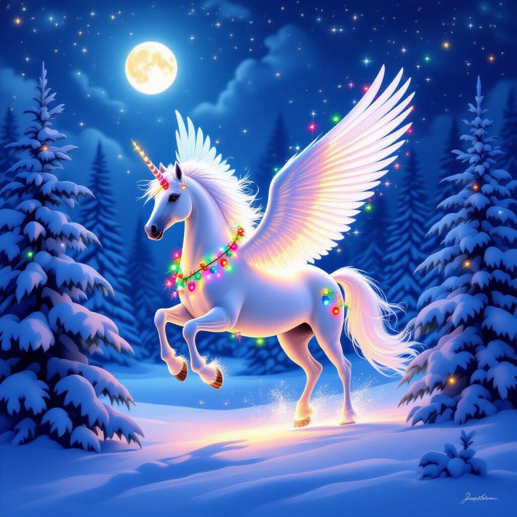 Pegasus Soars Through Christmas Forest Lights