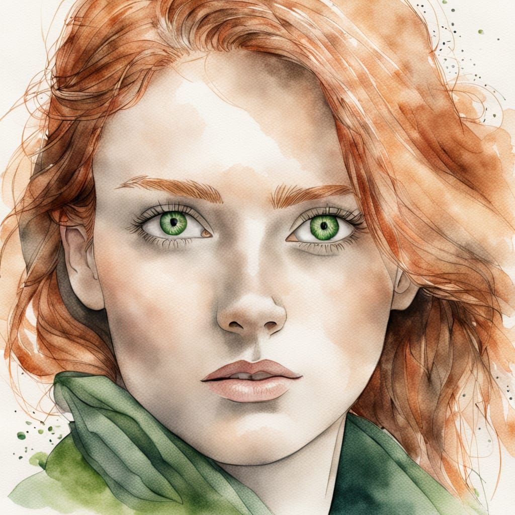 Delicate Pencil and Wash Portrait of a Redhead