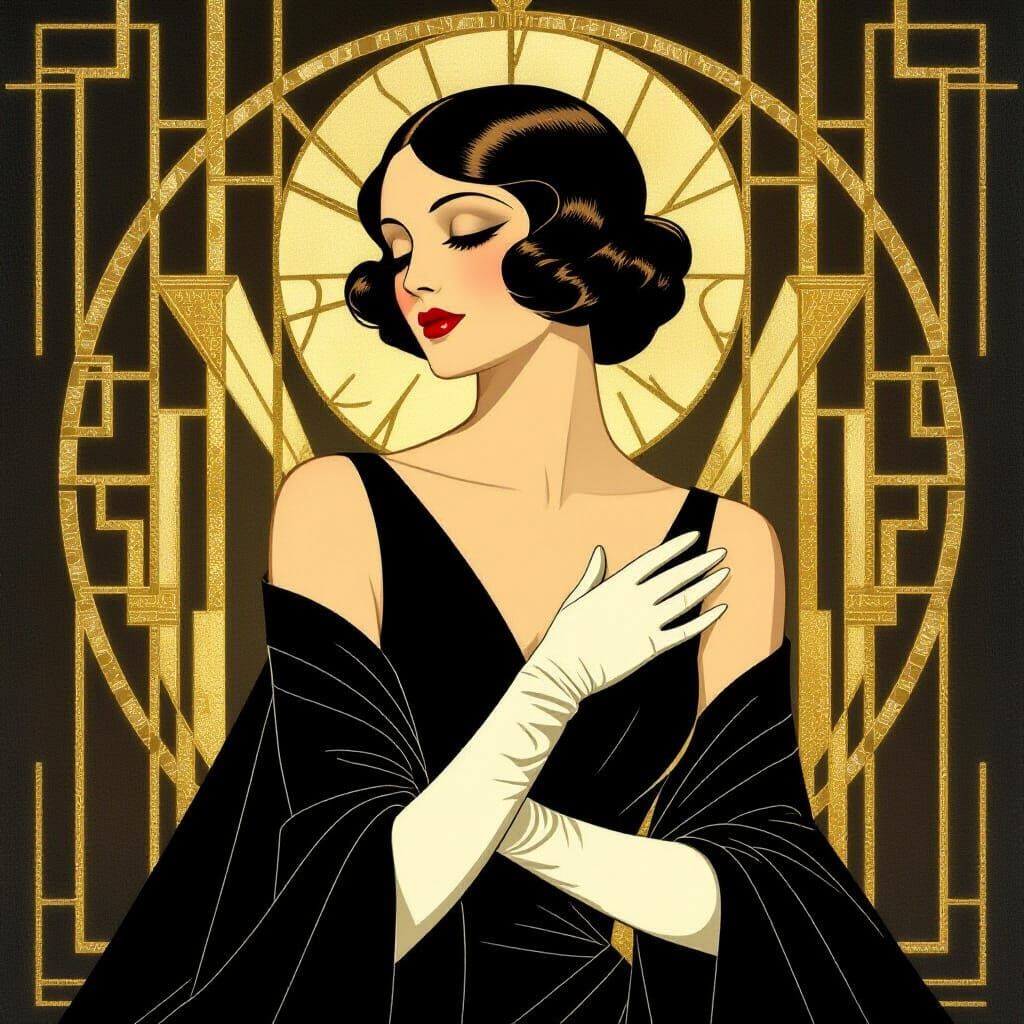 Art Deco Woman Portrait in Golden Geometry