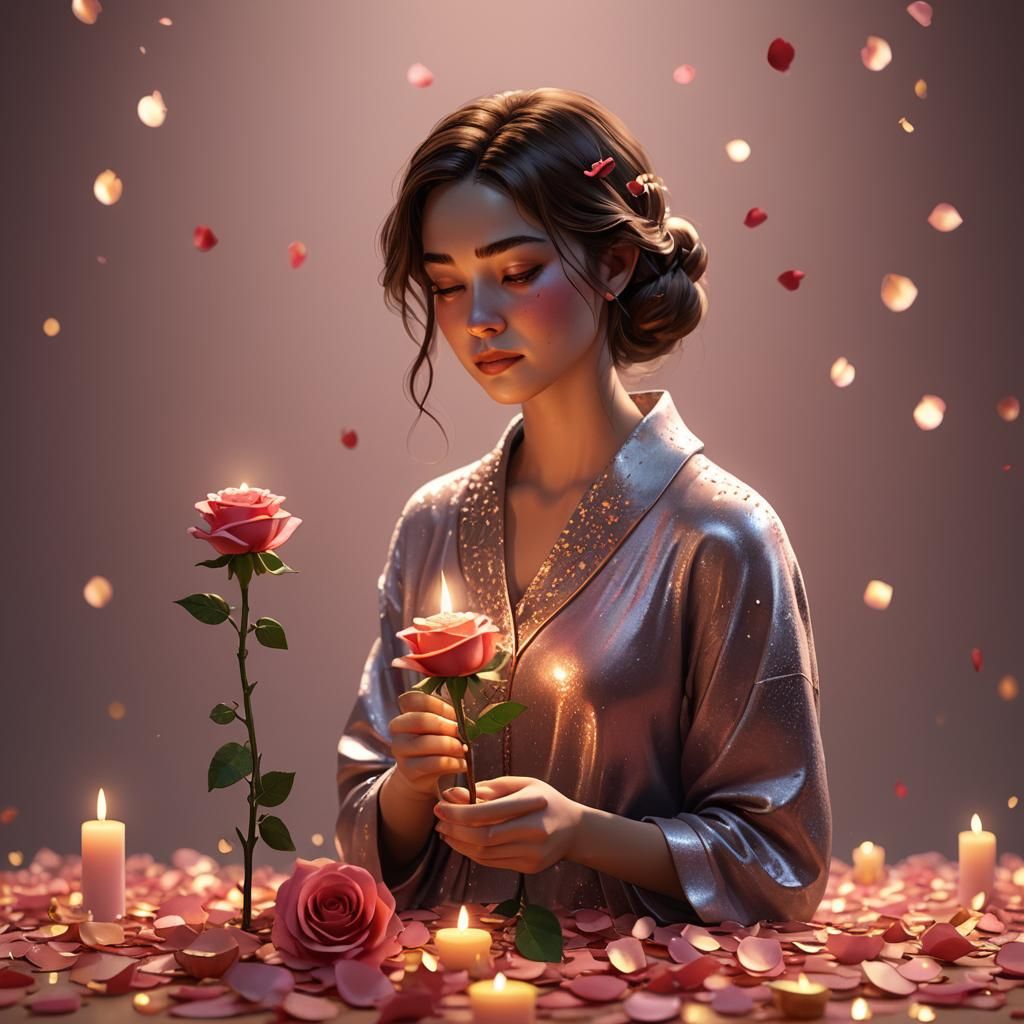 Woman with Rose Candle in Pixar-Style 3D Art