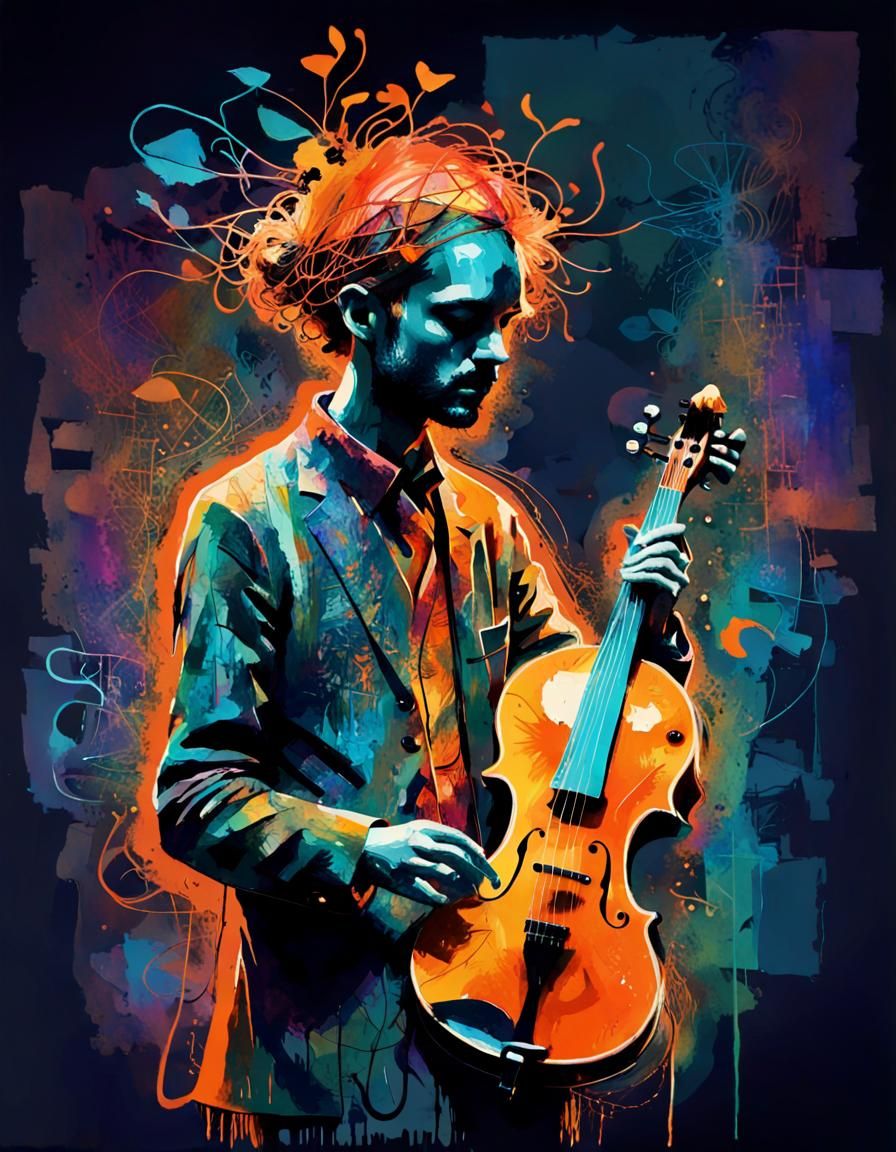 Psychedelic Silhouette of Street Musician